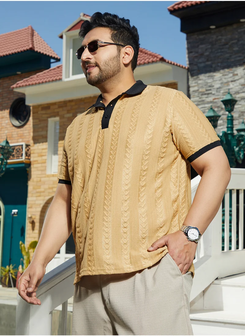 انستافاب بلس Instafab Plus Men's Buff Beige Arc-Tactile Polo T-Shirt For Casual Wear | Polo Neck | Short Regular Sleeves | Half-Button Closure | Plus Size T-Shirt Crafted With Comfort Fit For Everyday Wear
