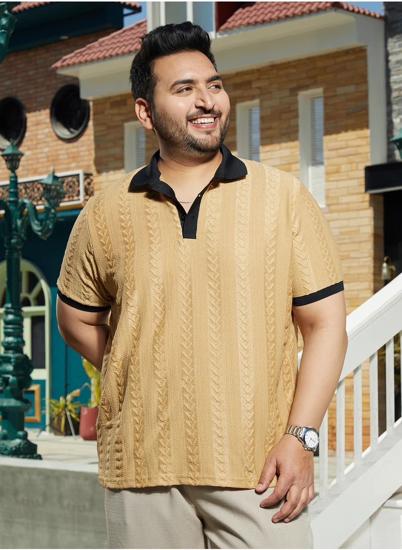 انستافاب بلس Instafab Plus Men's Buff Beige Arc-Tactile Polo T-Shirt For Casual Wear | Polo Neck | Short Regular Sleeves | Half-Button Closure | Plus Size T-Shirt Crafted With Comfort Fit For Everyday Wear