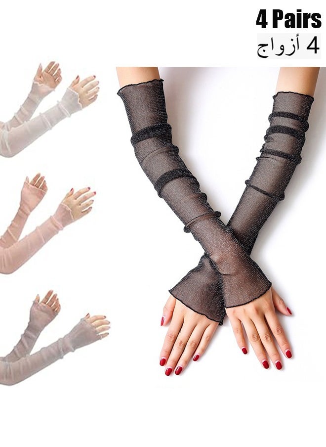 HY Women's Long Ultra-thin Lace Gloves Sun UV Protection, Cooling Mesh Sleeves Fingerless Arms Legs Accessories for Party Outdoor Sport Activities(4 Pairs Black/White/Grey/Pink)  - Image 1