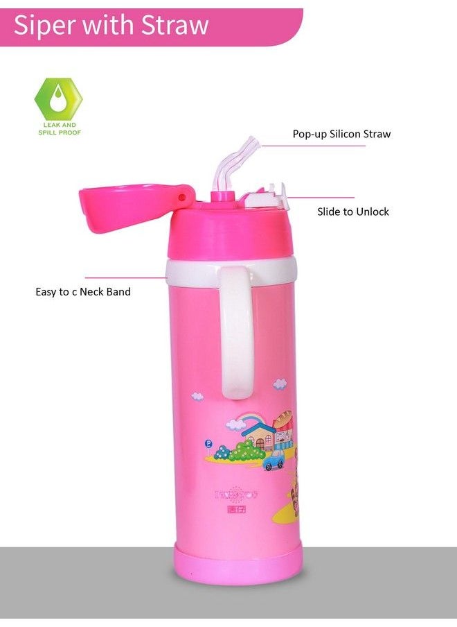 The Little Lookers - Stainless Steel Sipper Bottle For Kids;Sipper Bottle With Straw;Travelling Water Bottle For Kids With Straw (Pink 450Ml) - Image 1