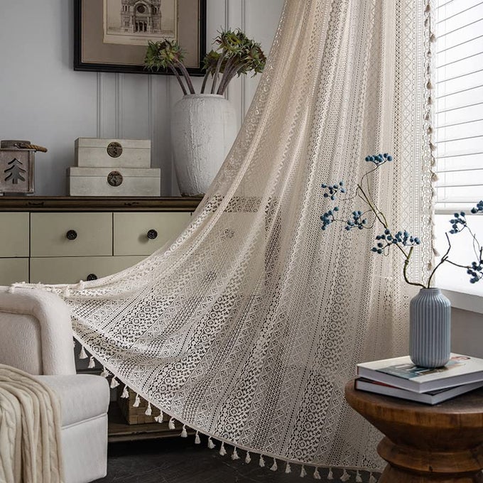CROCHET CURTAINS BOHO 63 INCHES LENGTH FOR CAFE KITCHEN KNITTING COTTON MACRAME LACE WITH HANDMADE TASSELS VINTAGE FRENCH COUNTRY SEMI SHEER HOLLOW STRIPED W59 X L63 BEIGE 1 PANEL