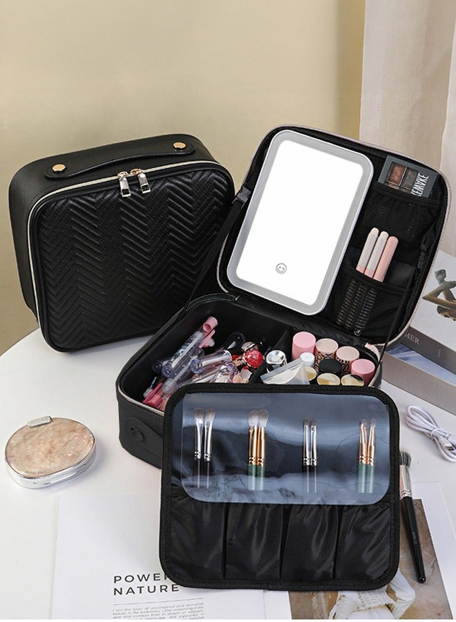 حقيبة مكياج السفر مع مرآة LED ، ومستحضرات التجميل ، مع مرآة خفيفة ، حقيبة منظمات فنان الماكياج المحمولة مع فواصل قابلة للتعديل ، تخزين حامل فرشاة المكياج ، الأسود - Image 1
