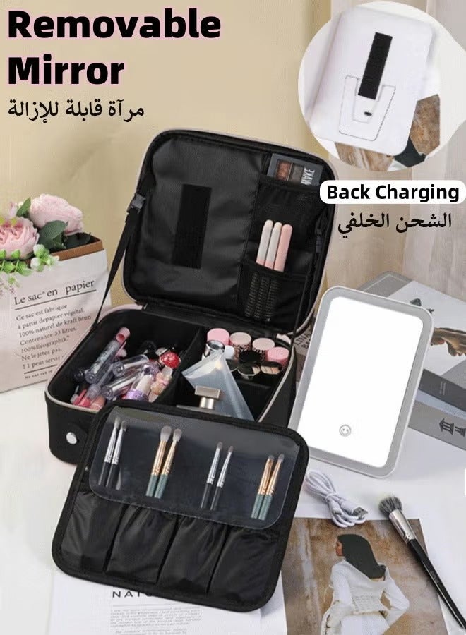 حقيبة مكياج السفر مع مرآة LED ، ومستحضرات التجميل ، مع مرآة خفيفة ، حقيبة منظمات فنان الماكياج المحمولة مع فواصل قابلة للتعديل ، تخزين حامل فرشاة المكياج ، الأسود - Image 4