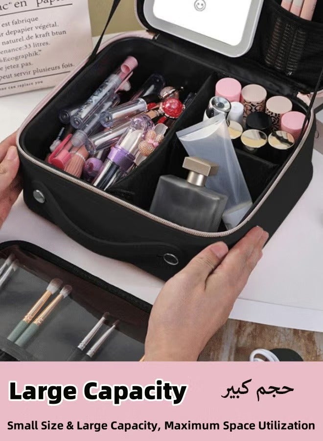 حقيبة مكياج السفر مع مرآة LED ، ومستحضرات التجميل ، مع مرآة خفيفة ، حقيبة منظمات فنان الماكياج المحمولة مع فواصل قابلة للتعديل ، تخزين حامل فرشاة المكياج ، الأسود - Image 5
