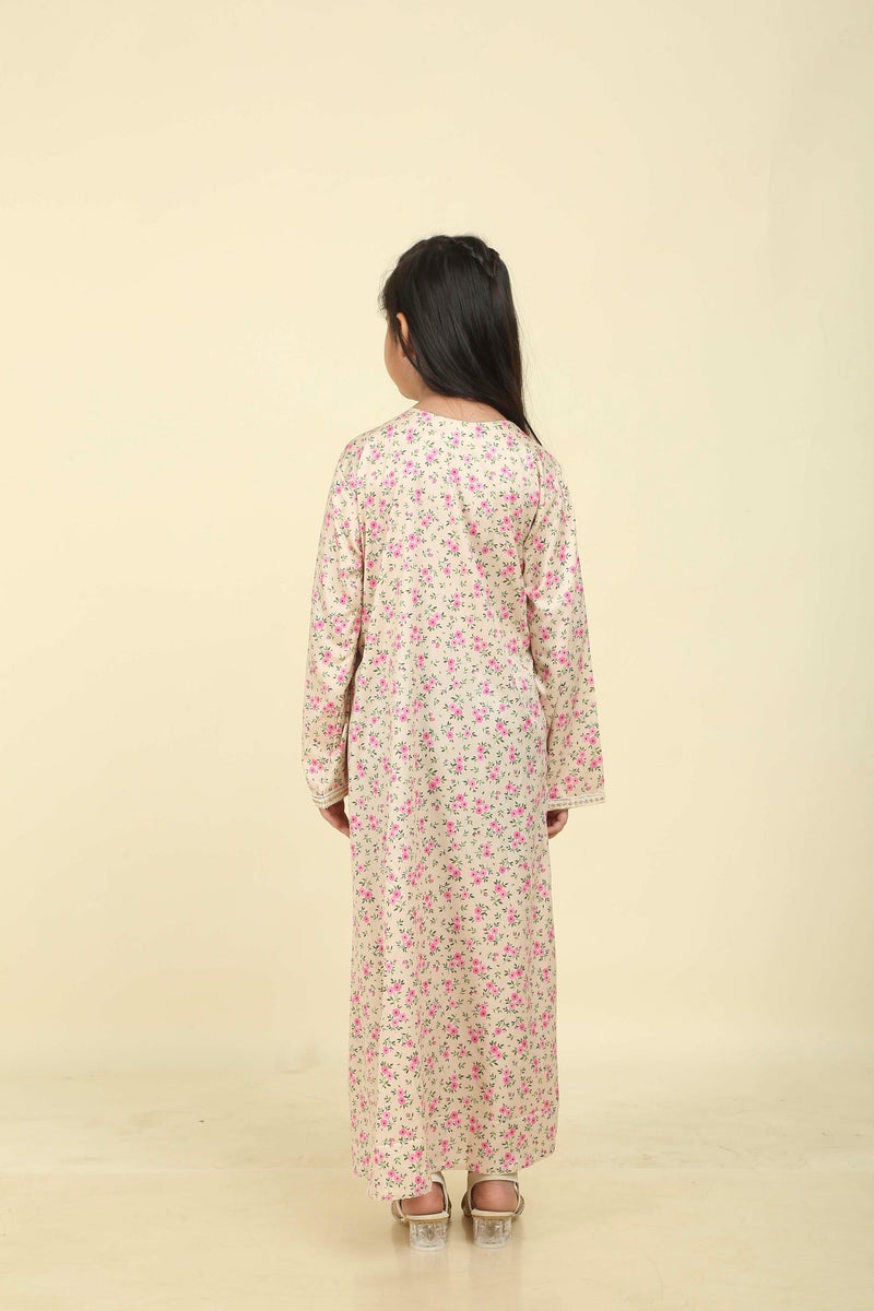 HANA & SARA Girls Satin Digital Print Floral Arabic Jalabiya – Lightweight Modest Wear Dress - Image 4