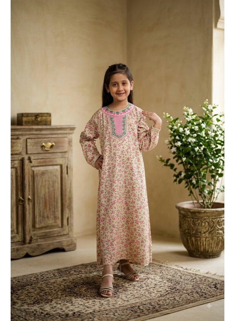 HANA & SARA Girls Satin Digital Print Floral Arabic Jalabiya – Lightweight Modest Wear Dress - Image 1