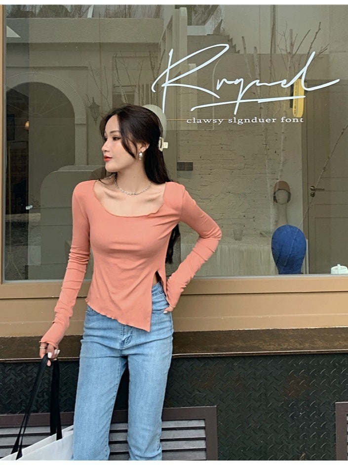 Women's Top Spring Split Design Thin Slim-fit Spice Girl Long-sleeved Irregular Slim-fit Girl's Short Base Shirt T-shirt - Image 2