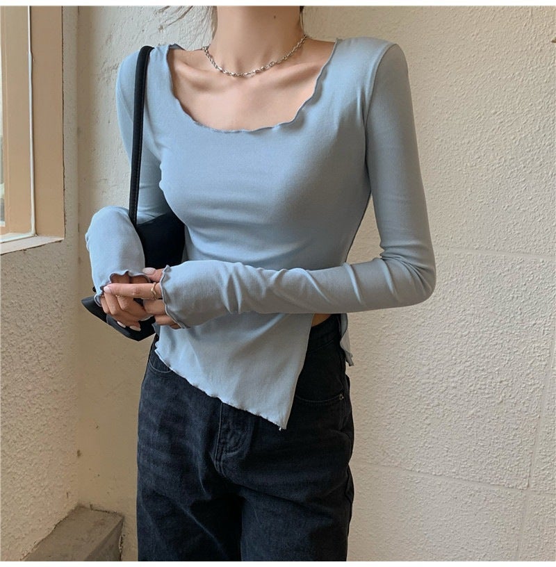 Women's Top Spring Split Design Thin Slim-fit Spice Girl Long-sleeved Irregular Slim-fit Girl's Short Base Shirt T-shirt - Image 1