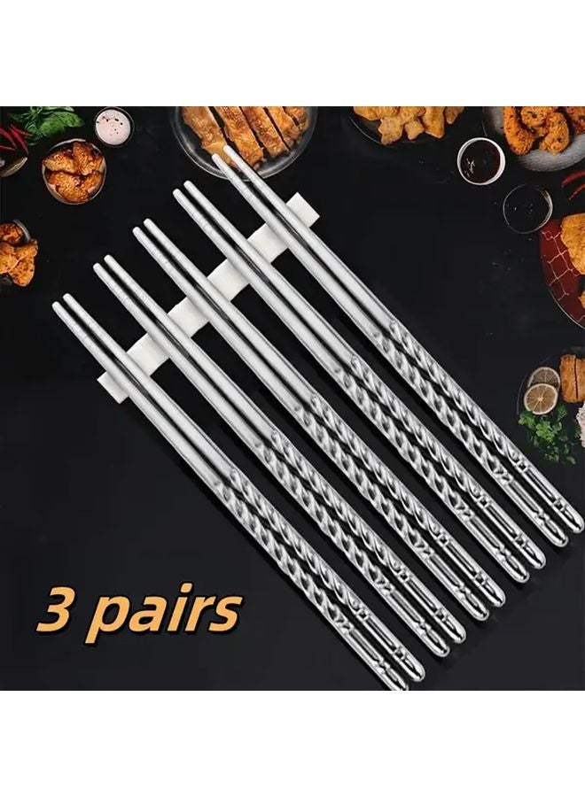 3 Pairs Stainless Steel Chopsticks Threaded Anti Slip Reusable For Sushi Home Restaurant - Image 1