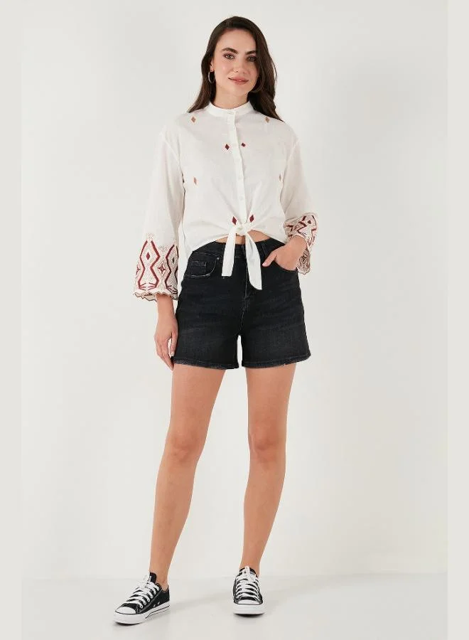 Lela Lela Cotton Embroidered Tied Waist Judge Collar Shirt Women's SHIRT 6110097