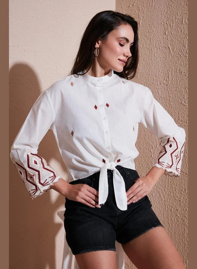 Lela Lela Cotton Embroidered Tied Waist Judge Collar Shirt Women's SHIRT 6110097