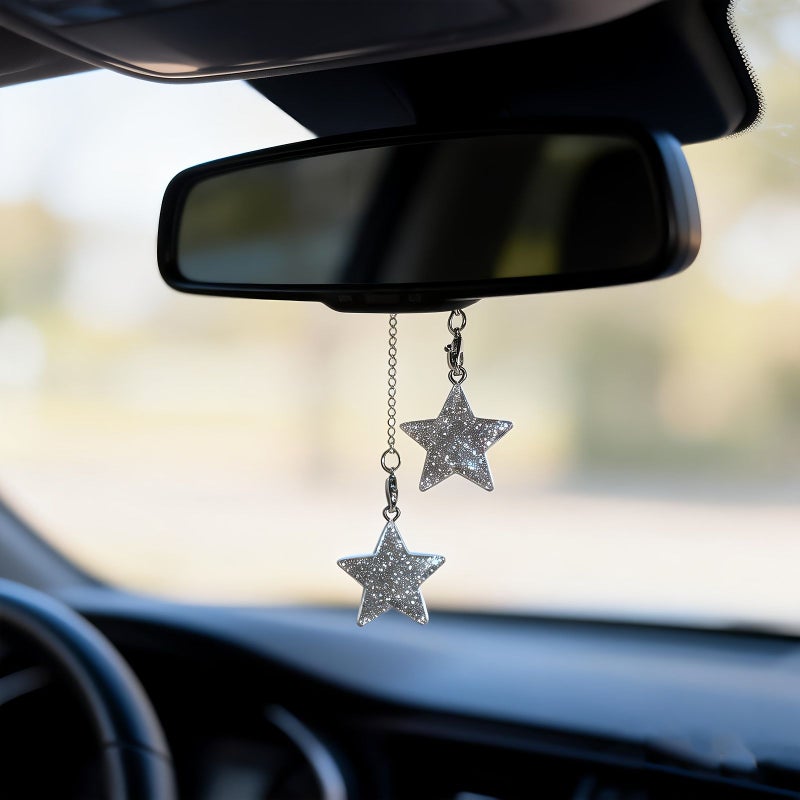 Green Silvery Glitter Five Pointed Star Car Pendant Chain For Rearview Mirror - Image 3