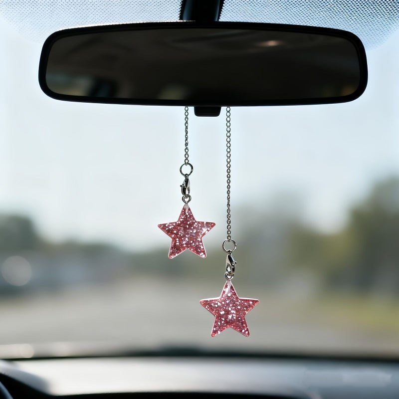 Green Silvery Glitter Five Pointed Star Car Pendant Chain For Rearview Mirror - Image 4