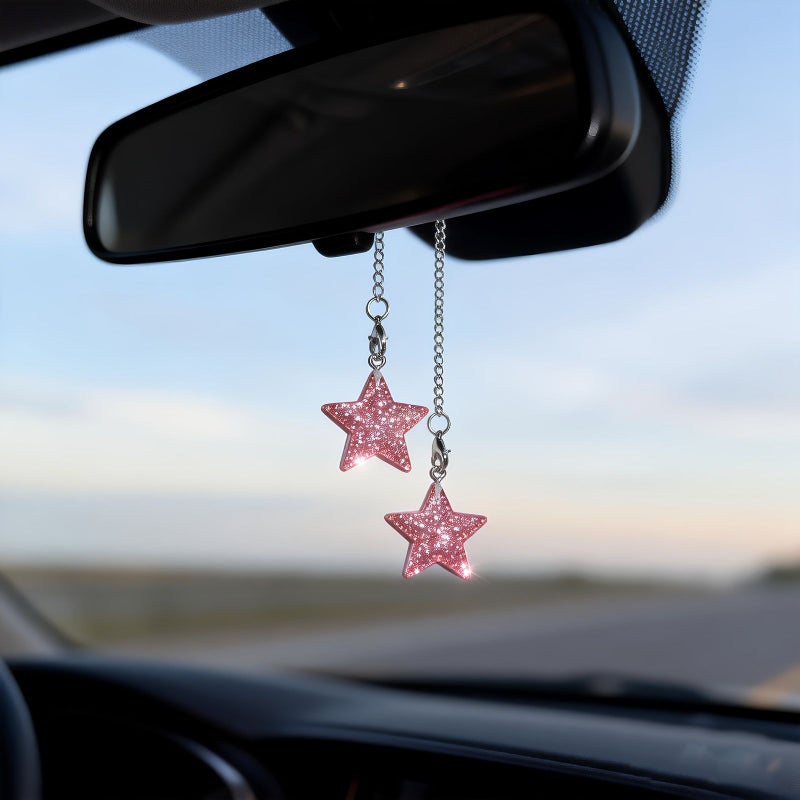 Green Silvery Glitter Five Pointed Star Car Pendant Chain For Rearview Mirror - Image 5