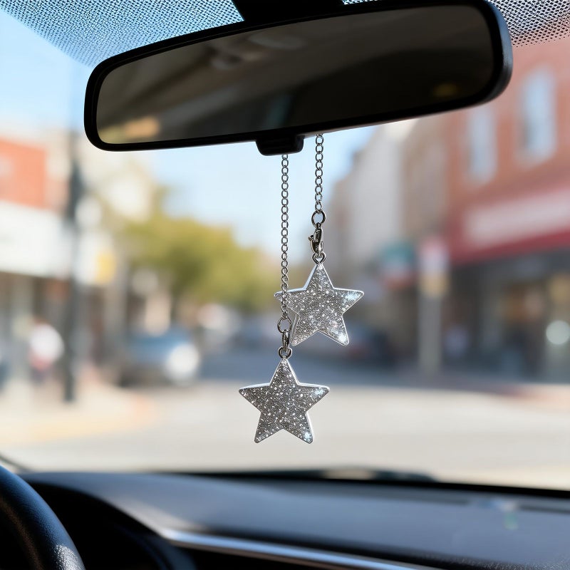 Green Silvery Glitter Five Pointed Star Car Pendant Chain For Rearview Mirror - Image 1