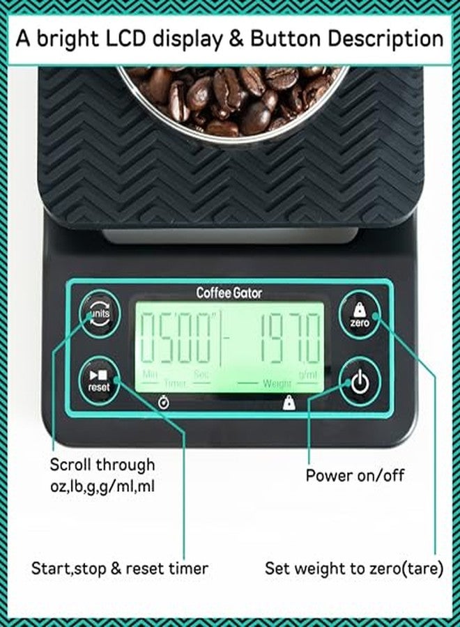 Coffee Gator Coffee Scale 0.1g Precision with Timer - 3kg Digital Scale Large LCD Weighing Kitchen Multifunctional for Pour-Over, Espresso, French Press, Bean, Food, Drink - Image 5