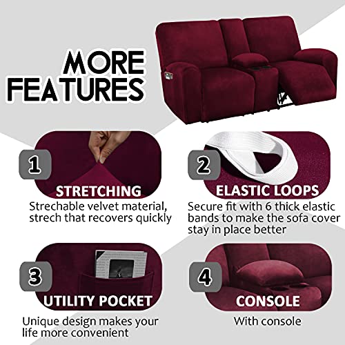 ULTICOR Reclining Love Seat with Middle Console Slipcover, 8-Piece Velvet Stretch Loveseat Reclining Sofa Covers, 2 seat Loveseat Recliner Cover, Thick, Soft, Washable, Loveseat Slipcovers (Burgundy - Wine) - Image 4