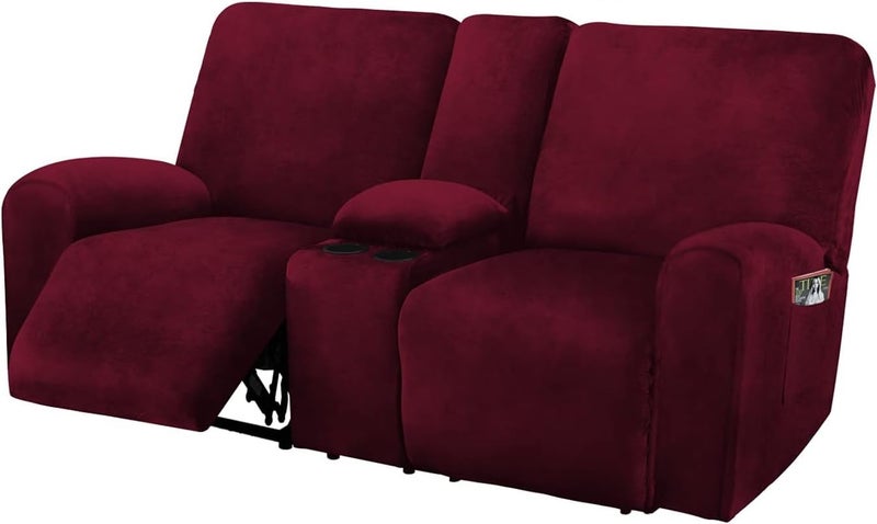 ULTICOR Reclining Love Seat with Middle Console Slipcover, 8-Piece Velvet Stretch Loveseat Reclining Sofa Covers, 2 seat Loveseat Recliner Cover, Thick, Soft, Washable, Loveseat Slipcovers (Burgundy - Wine) - Image 1