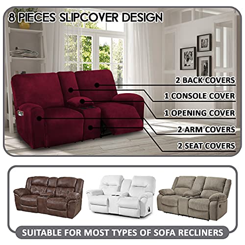 ULTICOR Reclining Love Seat with Middle Console Slipcover, 8-Piece Velvet Stretch Loveseat Reclining Sofa Covers, 2 seat Loveseat Recliner Cover, Thick, Soft, Washable, Loveseat Slipcovers (Burgundy - Wine) - Image 2