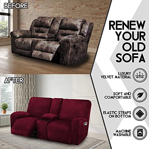 ULTICOR Reclining Love Seat with Middle Console Slipcover, 8-Piece Velvet Stretch Loveseat Reclining Sofa Covers, 2 seat Loveseat Recliner Cover, Thick, Soft, Washable, Loveseat Slipcovers (Burgundy - Wine) - Image 3