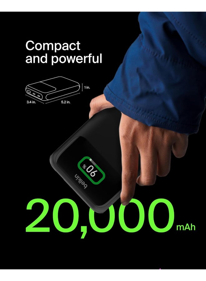 بيلكين باور بانك Belkin BoostCharge سعة 20 ألف مللي أمبير بـ 3 منافذ لشحن اللابتوب، منفذا USB-C وUSB-A، شحن سريع عبر USB-C، شاحن محمول لـ MacBook وسلسلة iPhone 15 وiPad Pro وGalaxy S24 وغيرها - أسود - Image 3