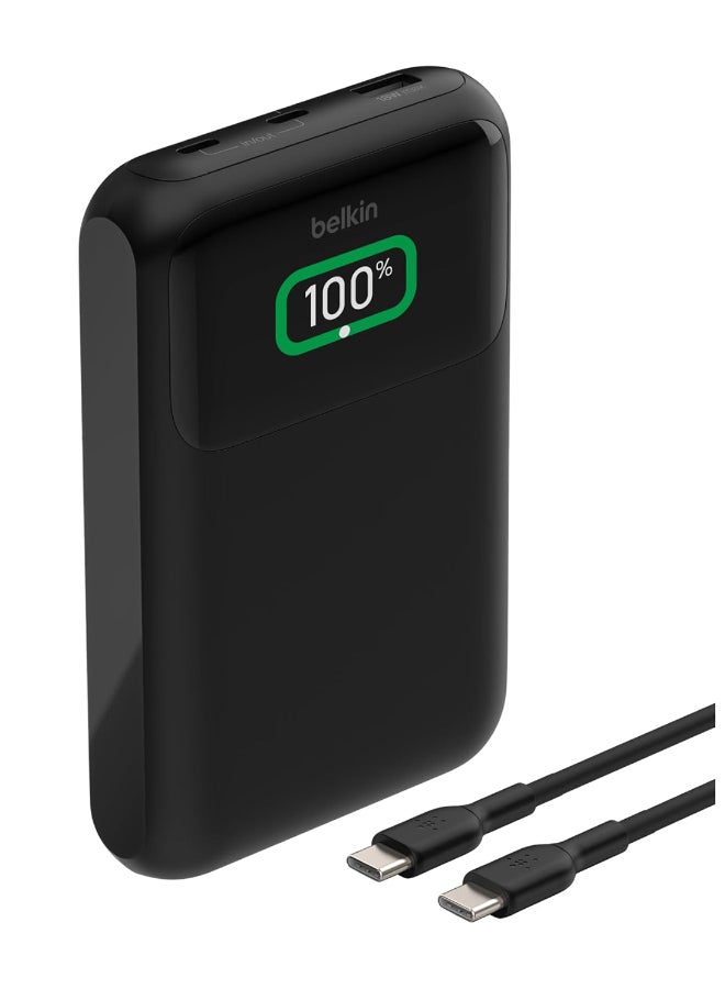 بيلكين باور بانك Belkin BoostCharge سعة 20 ألف مللي أمبير بـ 3 منافذ لشحن اللابتوب، منفذا USB-C وUSB-A، شحن سريع عبر USB-C، شاحن محمول لـ MacBook وسلسلة iPhone 15 وiPad Pro وGalaxy S24 وغيرها - أسود - Image 1