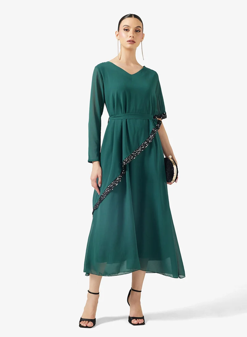 A-line Dress With One Sided Flouncy Sleeve