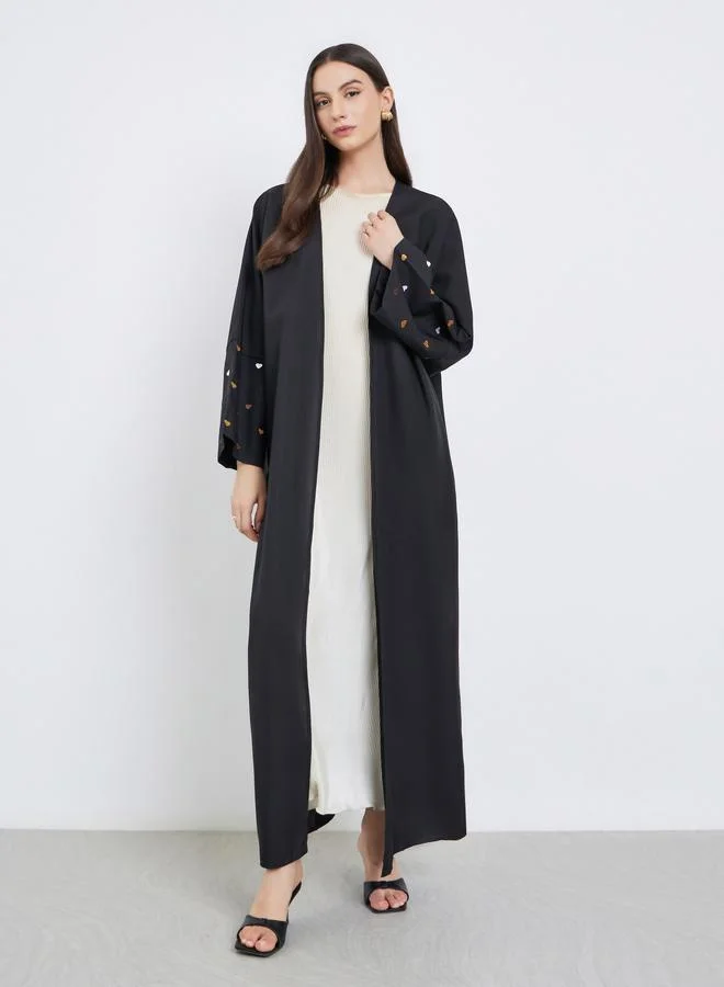 تايك تو Take Two Black Open Front Embroidered Sleeve Abaya