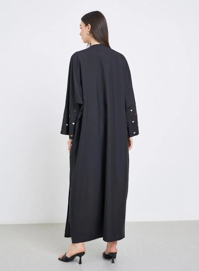 تايك تو Take Two Black Open Front Embroidered Sleeve Abaya