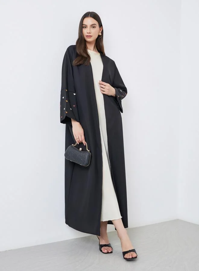 تايك تو Take Two Black Open Front Embroidered Sleeve Abaya