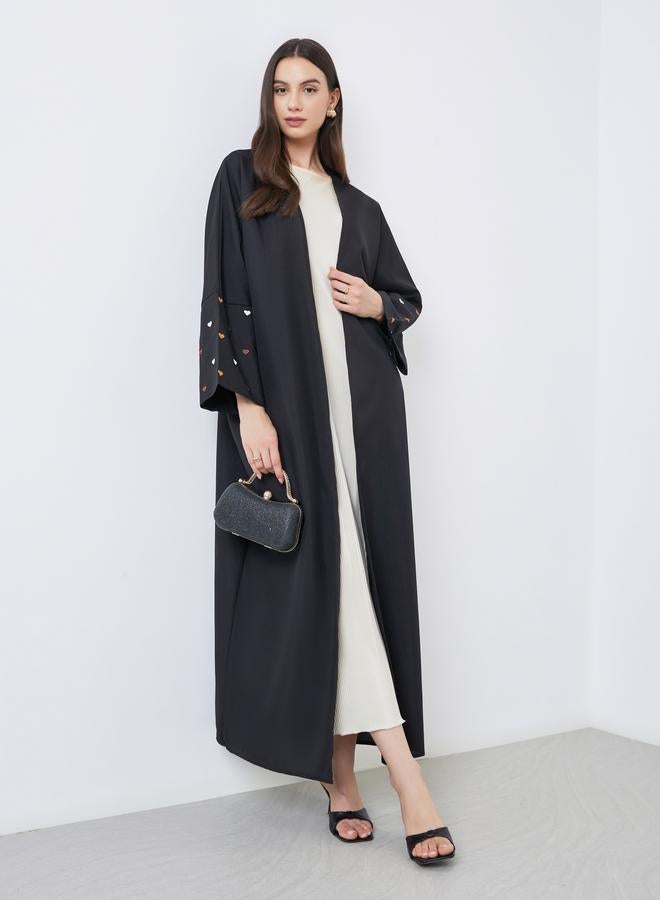 تايك تو عباية مفتوحة بأكمام مطرزة بلون أسود - Image 1