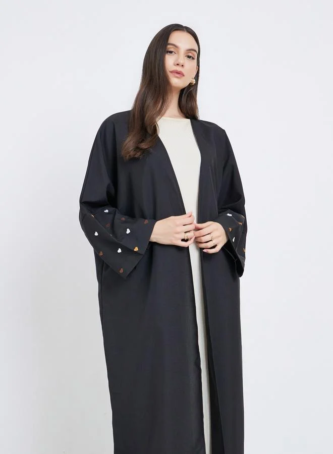 تايك تو Take Two Black Open Front Embroidered Sleeve Abaya