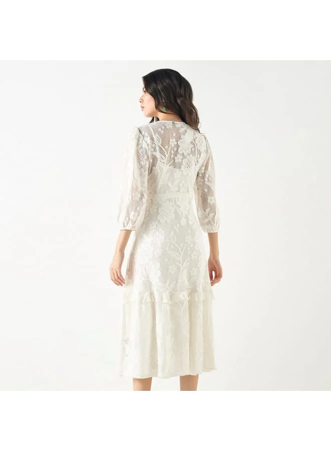 Iconic Iconic All-Over Embellished V-neck Dress with Volume Sleeves