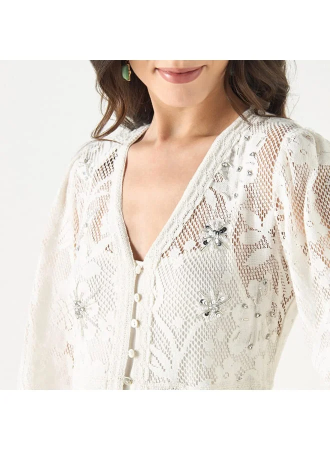 Iconic Iconic All-Over Embellished V-neck Dress with Volume Sleeves