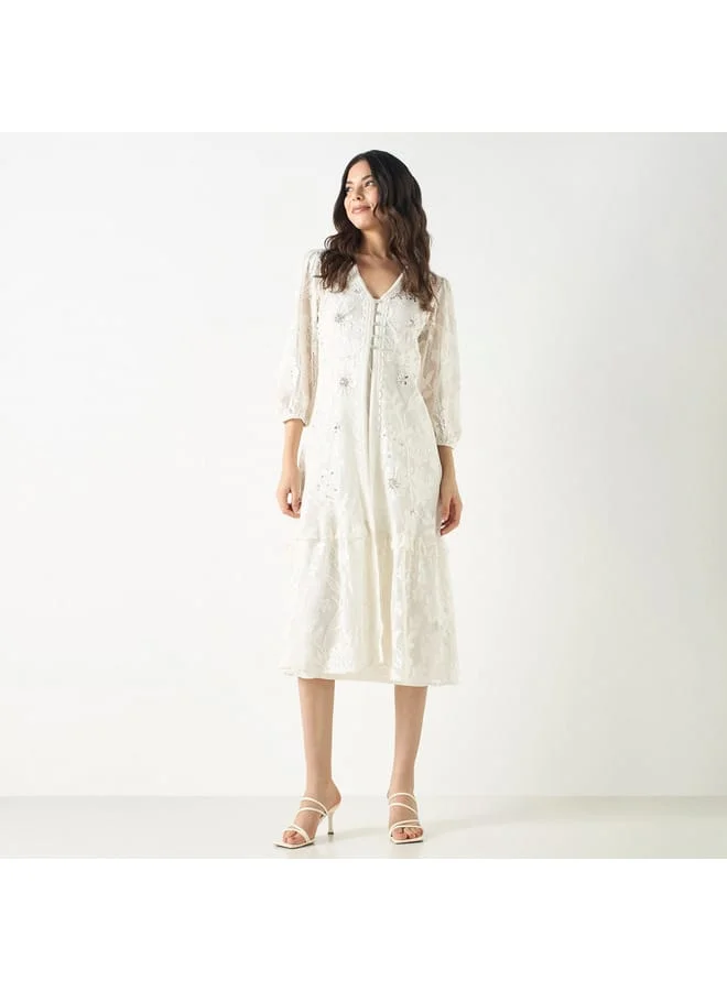 Iconic Iconic All-Over Embellished V-neck Dress with Volume Sleeves