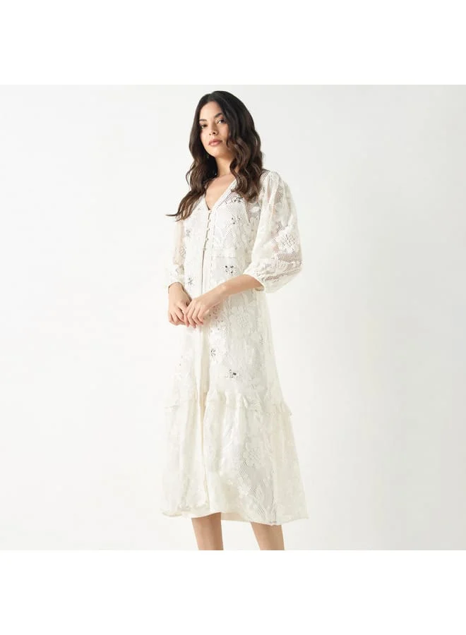 Iconic Iconic All-Over Embellished V-neck Dress with Volume Sleeves