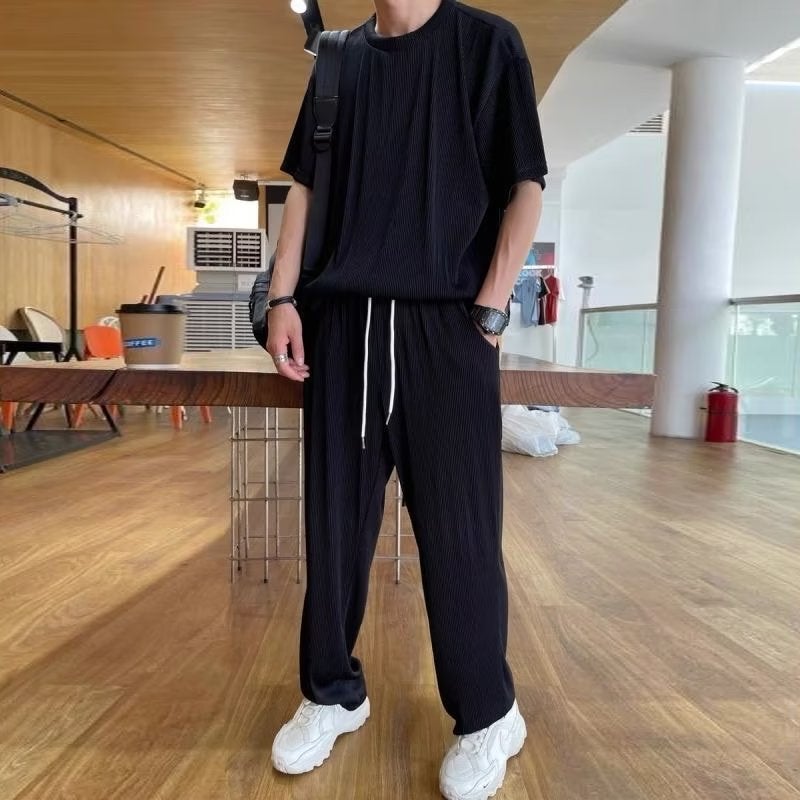 Spring and Summer Casual suit Mens Ice Silk Thin Short-sleeved T-shirt Trousers Mens Full Sportswear Summer Two-piece Set Black  - Image 1