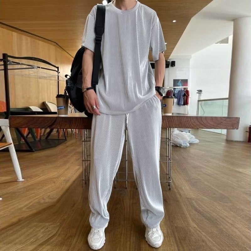 Spring and Summer Casual suit Mens Ice Silk Thin Short-sleeved T-shirt Trousers Mens Full Sportswear Summer Two-piece Set Black  - Image 2