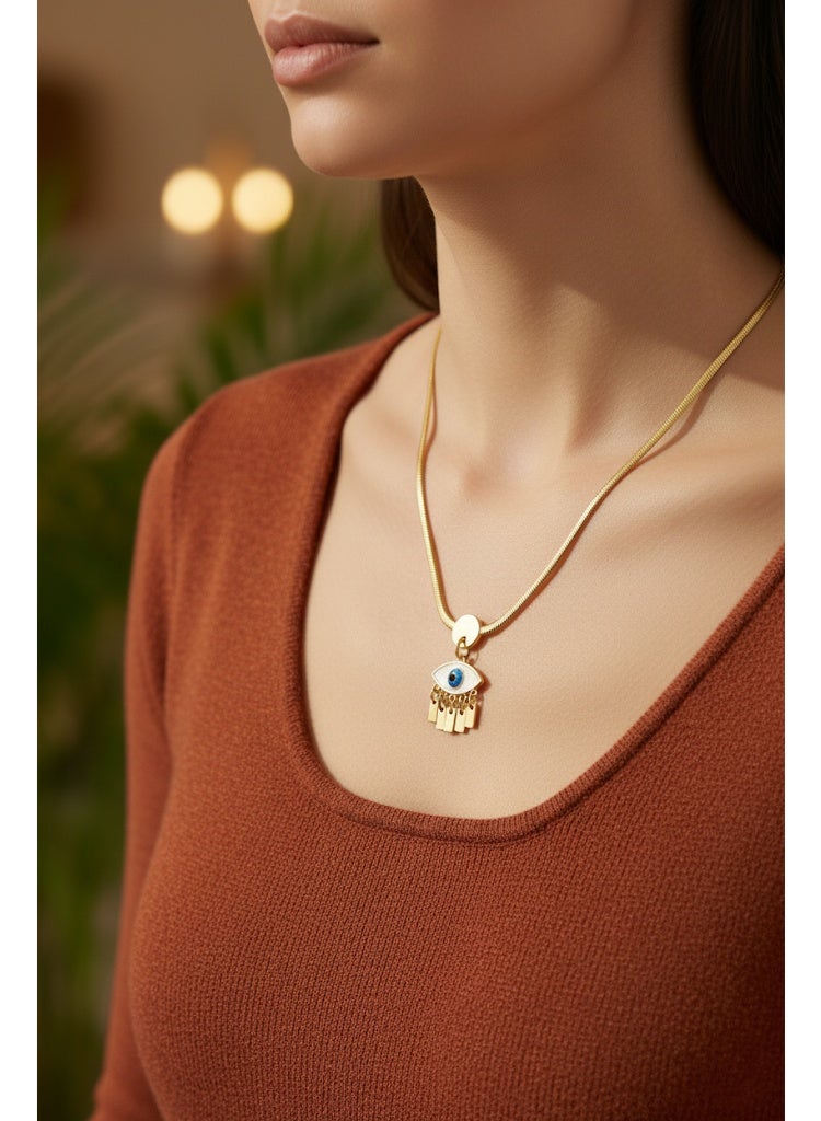 FLUFFY Women’s Necklace Blue Eye Pendant with Gold Tassels - Image 1