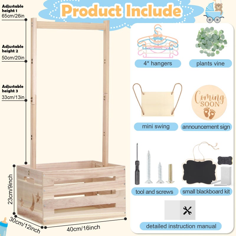 ELESTONE Wooden Baby Shower Crate Closet with Adjustable Handle & Garland, Large Personalized Baby Shower Basket Clothes Hangers Rack Storage Box, Pregnancy Gifts for New Parents Newborn Boy Girl - Image 2