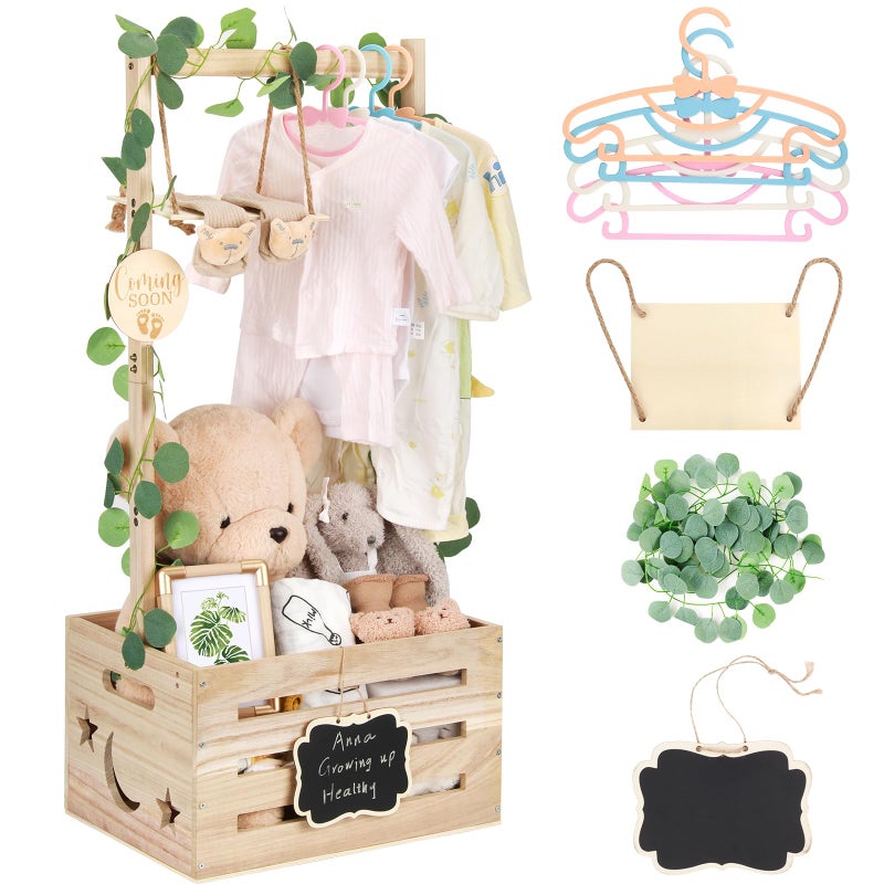 ELESTONE Wooden Baby Shower Crate Closet with Adjustable Handle & Garland, Large Personalized Baby Shower Basket Clothes Hangers Rack Storage Box, Pregnancy Gifts for New Parents Newborn Boy Girl - Image 1