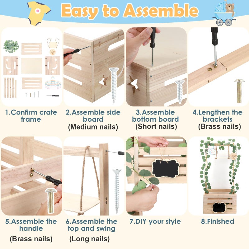 ELESTONE Wooden Baby Shower Crate Closet with Adjustable Handle & Garland, Large Personalized Baby Shower Basket Clothes Hangers Rack Storage Box, Pregnancy Gifts for New Parents Newborn Boy Girl - Image 3
