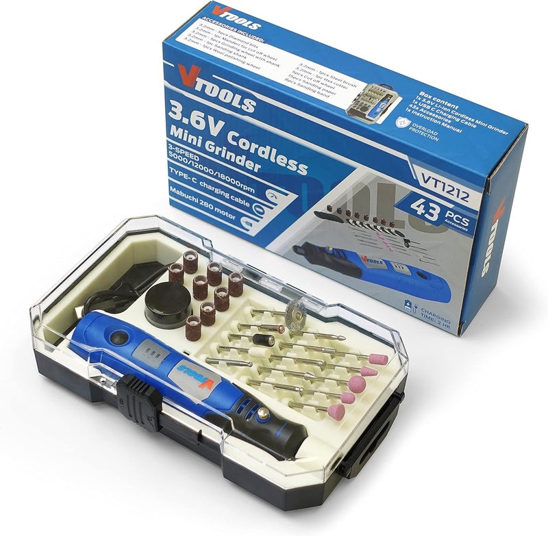 VTOOLS 3.6V Cordless Mini Grinder With 43 Pc Accessory Set, Rotary Tool For Polishing, Cleaning & Engraving, Blue, Vt1212 - Image 3