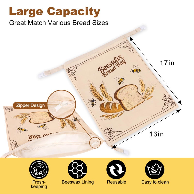 Nedsewor 2 Pack Reusable Beeswax Bread Bags for Sourdough, 17inx13in Bread Bags for Homemade Bread, XL Natural Beewax Lined Bread Bag, Freezer Friendly Freshness Preservation for Food Storage - Image 2