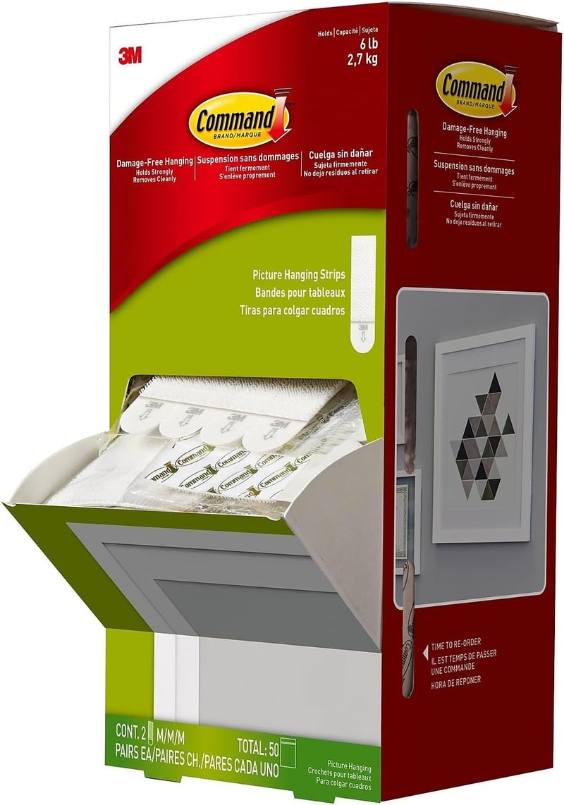 Command 17201CABPK Picture Hanging Strips, 5/8-Inch x 2 3/4-Inch , White, 50/Carton - Image 1