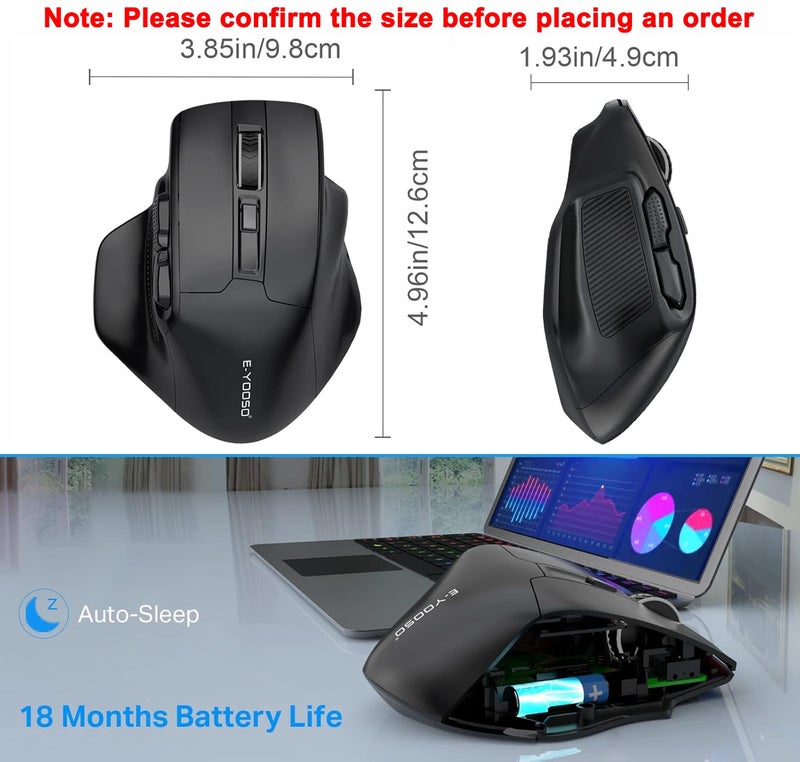 E-YOOSO Large Wireless Mouse for Big Hands, X-31 Cordless Ergo Computer Mouse, 6 Buttons, 5-Level 4800 DPI, 18 Months Battery Life, for Laptop, PC, Chromebook (Black) - Image 2