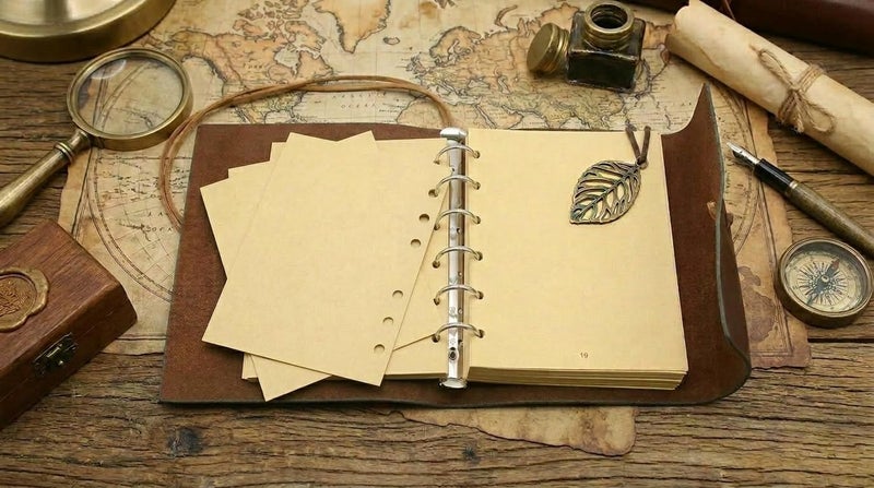 EvZ 5 Inch Mini Vintage Leather Journal, Pocket Size Refillable Loose Leaf Notebook, Retro Blue PU Cover with Metal Leaf Pendant, Blank Kraft Paper Small Travel Diary & Sketchbook - Image 2
