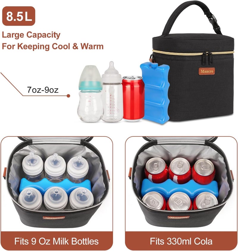 Mancro Breastmilk Cooler Bag Fits 6 Baby Bottles with Ice Pack & Shoulder Strap - Image 3