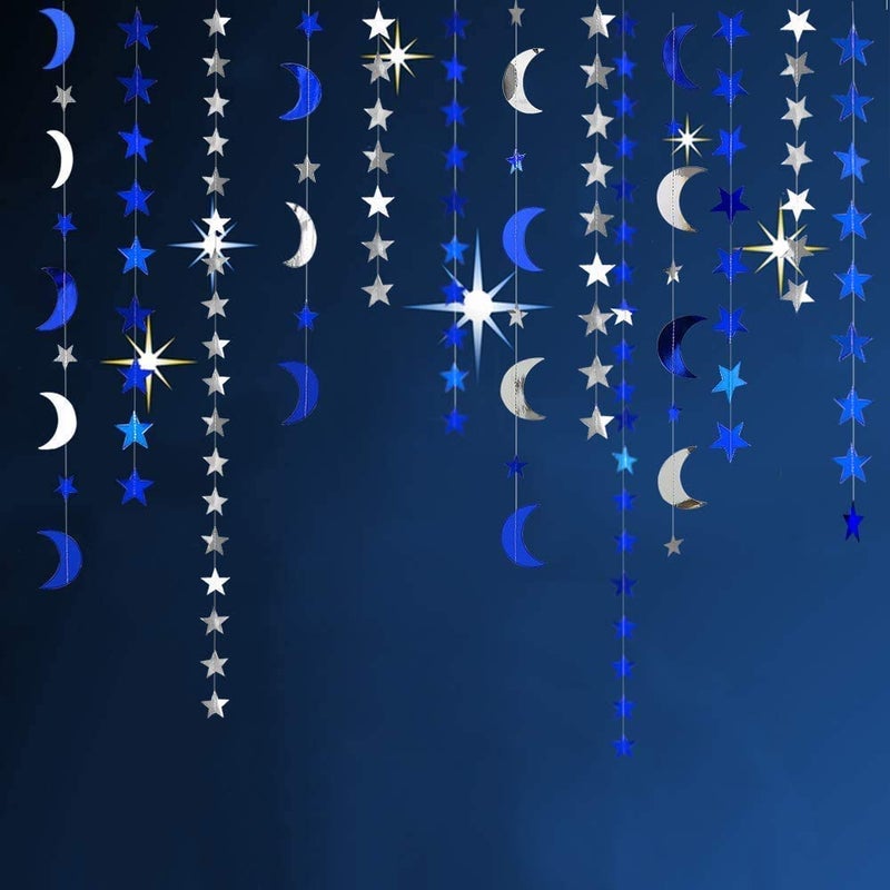 Decor365 Royal Blue Silver Stars and Moon Garlands Kit Twinkle Little Star GarandHanging StreamersBunting Banner for Birthday Party DecorationWedding DecorBaby ShowerChristmasNurseryRamadan