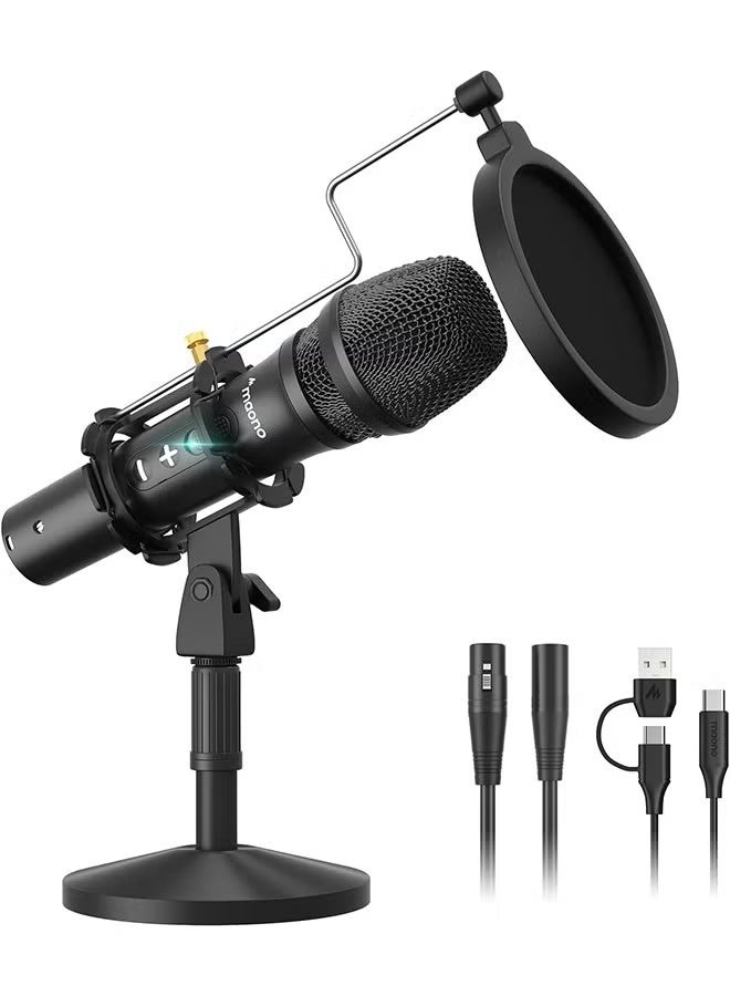 MAONO USB/XLR Podcast Dynamic Microphone, Studio Mic Kit with Volume Control, Shock Mount, Pop Filter, Ideal for Vocal, Instruments Recording, Voice Over, Live Streaming (HD300T)